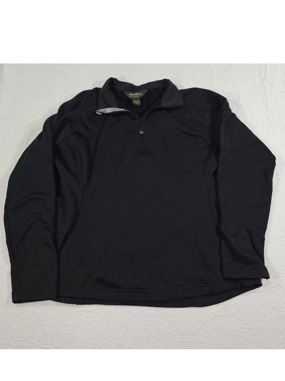 Eddie Bauer Mens Grid Black Fleece 1/4 Zip Pullover Jacket Waffle Mid Layer